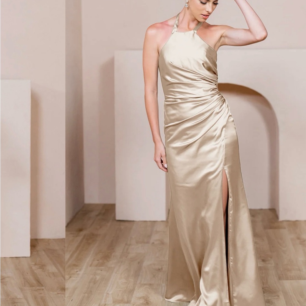Elegant Gold Satin Halter Evening Gown